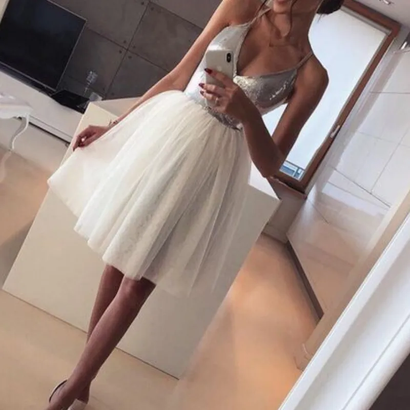 

2019 Hot Vintage Mini Dress White Sequin Sling Backless V neck Party Mini A Line Dress High Waist Mesh Sheer