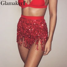 Glamaker Женская юбка с бахромой и пайетками летняя стильная пляжная короткая мини-юбка женская сексуальная вечерние Бандаж с высокой талией юбка низ