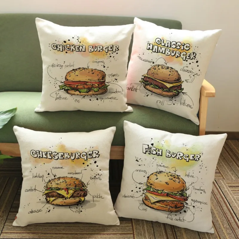 

Hamburger Print Pillows Restaurant Decoration Cotton Linen Sofa Chair Cushion Covers Burger Decorative Pillowcase 45x45cm