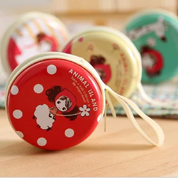 

(5pcs/lot) Linen+tin round shape mini wallet coin purse characters print handbag small clutch bag for women girls boys