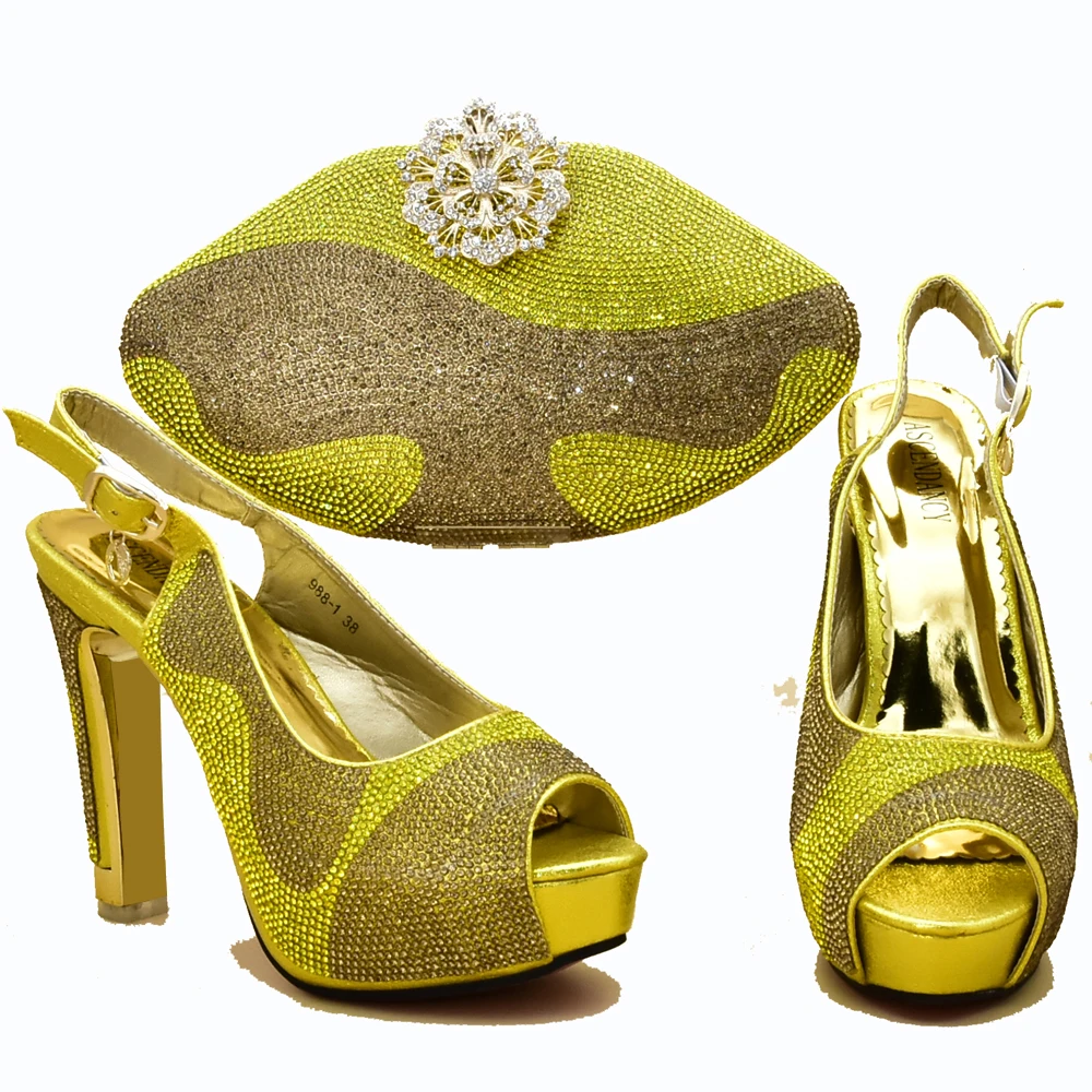 

SB8311 yellow full stones sandal shoes with clutches bag matching set high heel 4.7 inches with size 37 to 42 shoe and bag set