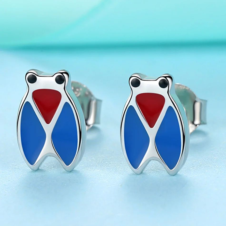 ELESHE New Fashion 925 Sterling Silver Blue Enamel Insect Cicada Stud Earrings For Women Kids Child Jewelry brincos bijoux