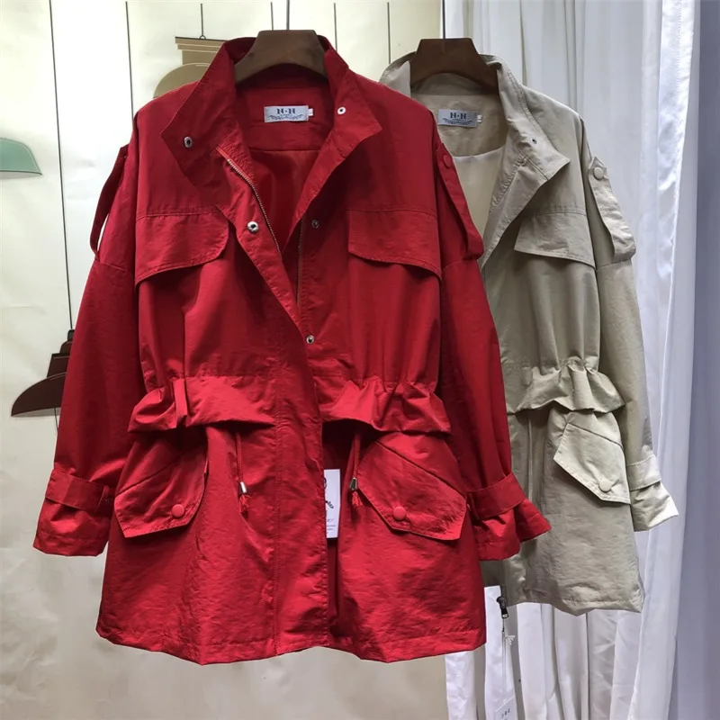 

[EWQ]3 Color Long Sleeve Red Windbreaker Female Korean Loose Large Size Casual Tooling Trend Coat Feminino 2019 Autumn New QK250