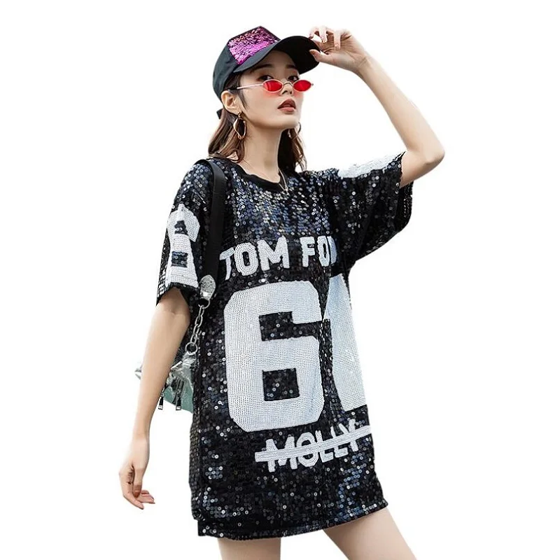 

t shirt fashion women's summer jurassic park 2019 new street sequins letter long tide dress women's short-sleeved T-shirt