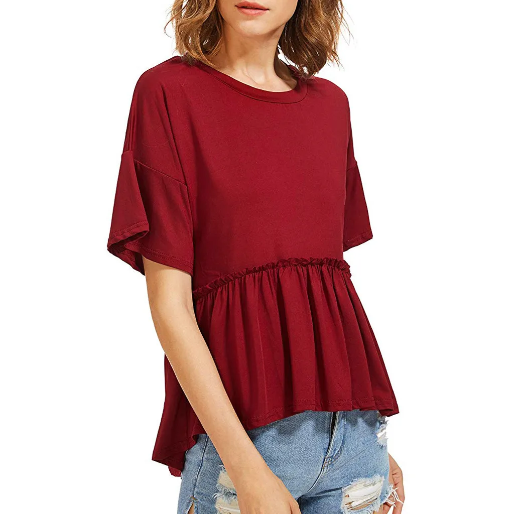

Women's T-shirt Ruffle Hem Short Sleeve Casual Solid Color O-Neck T-shirt Loose Stretch Daily Top Women T-shirt Women Summer
