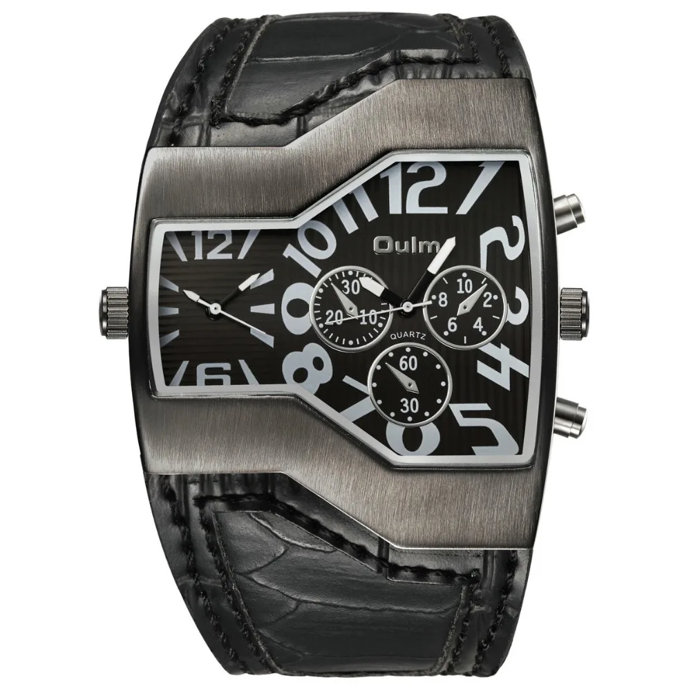 

Unique Fashion Men Quartz Watch Oulm Dual Time Display Python Leather Band Sports Watch for Men Top Brand Luxury Design + BOX