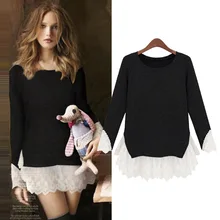 L-5XL Плюс Размер повседневные женские футболки осень Мода Кружевное элегантное платье пэчворк женские футболки свободные футболки очень большие