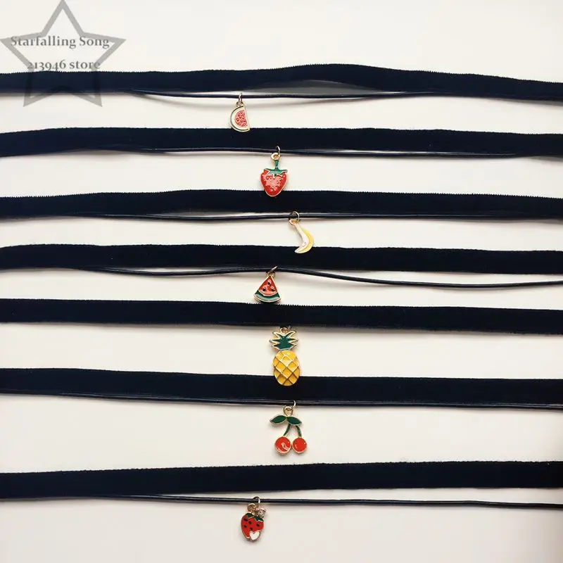 

(Free Shipping) Fruit Charm Black Velvet & Genuine Leather Ropes & Stainless Steel Chokers Handmade Jewelry Necklaces