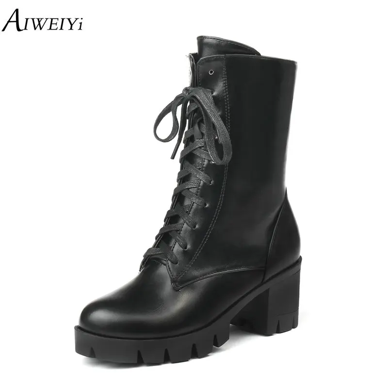 

AIWEIYi Brand Designer Autumn Winter Women Shoes Black High Heels Boots Lace Up Platform Shoes Chunky Heels Martin Boots