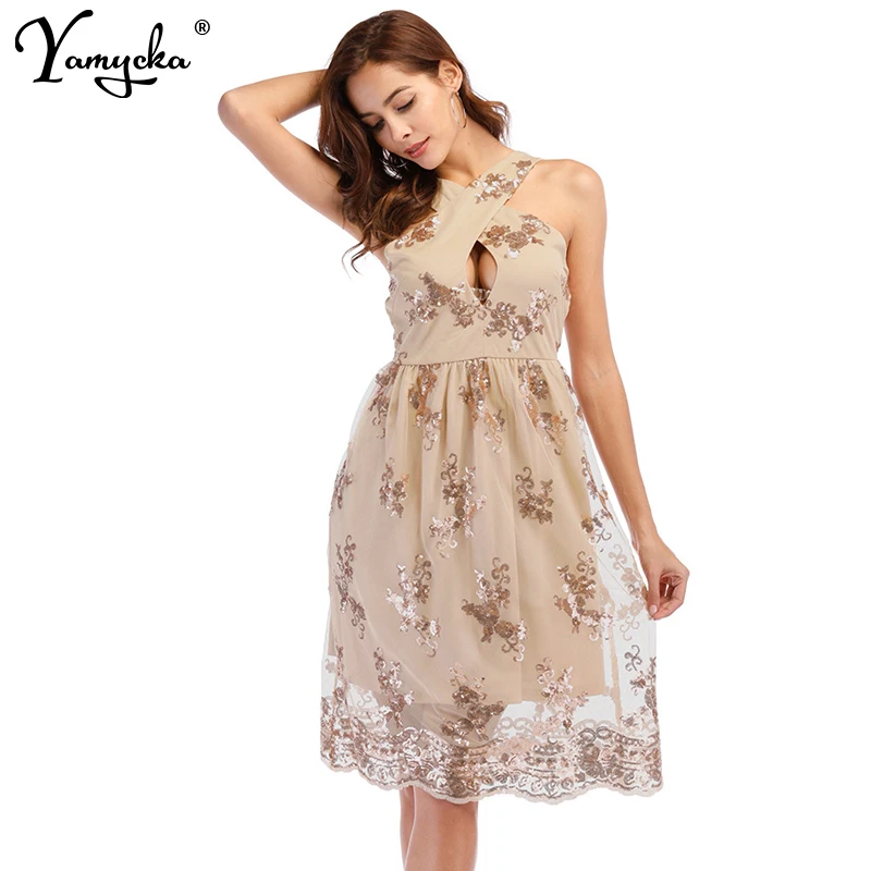 

Summer Sexy Sequin Women Dress Gold Bandage Vintage Sleeveless Backless Sundress Beach Party Dress Vestidos 2019 New