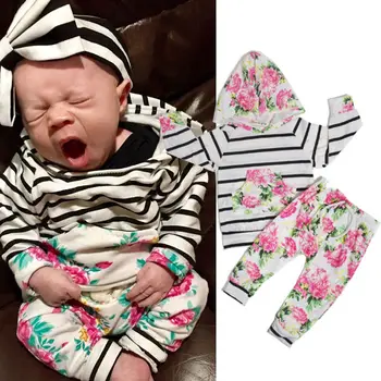 

Floral Clothing Set Toddler Kids Baby Girls Hooded Pullover Striped Floral Tops Pants 2pcs Baby Girls Cotton Outfits Sets