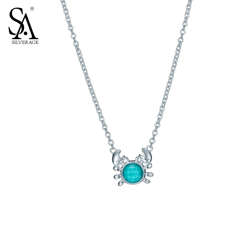 SA SILVERAGE Genuine 925 Sterling Silver Fine Jewelry Blue Crab Pendant Chain Necklace Women New