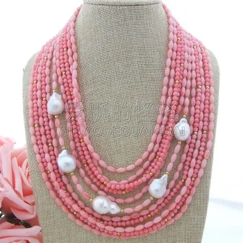 

N051100 Pink Coral White Keshi Pearl 18" 11 Strands Necklace