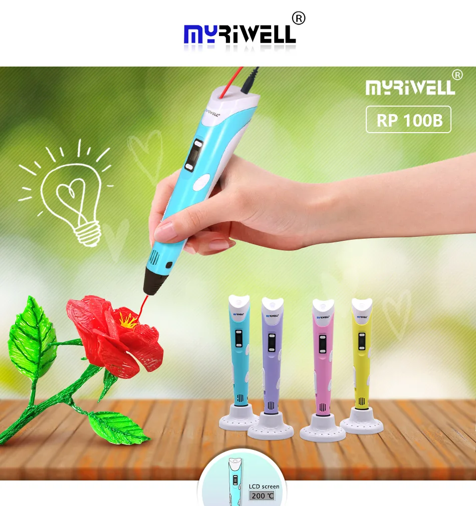 Myriwell rp100b 1,75 мм PLA 3D ручка светодиодный/ЖК-экран 3D Ручка+ PLA100M нить подарок для детей 3D ручка подарок на день рождения