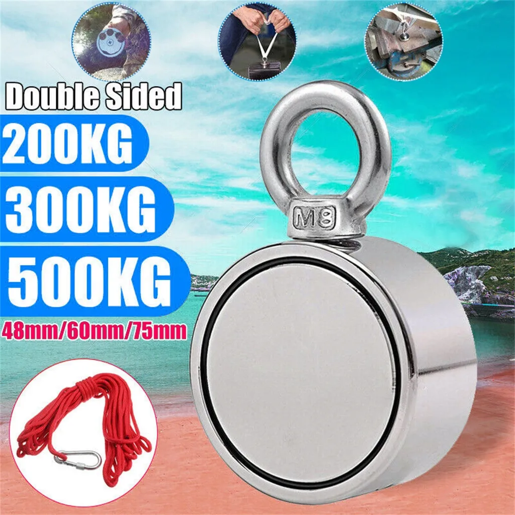 

200/300/500KG strong powerful round Double Side Neodymium Metal Magnet Detector Fishing Kit with ring+10M Rope