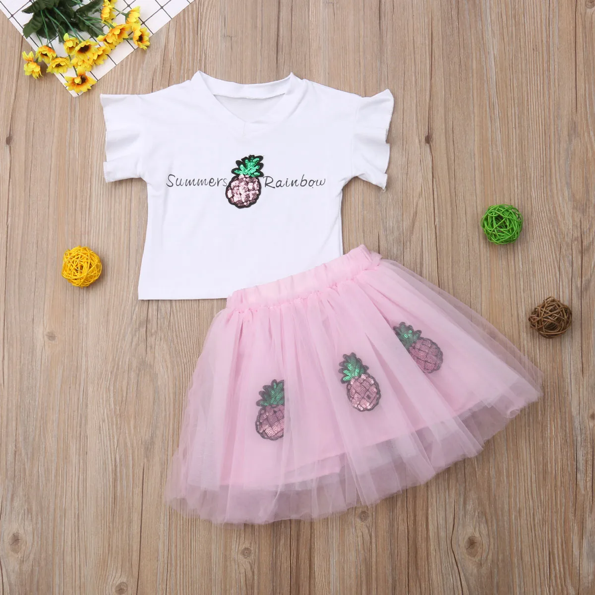 Лето, милые комплекты одежды для маленьких девочек, пуловер с короткими рукавами и принтом ананаса, футболки, топы+ кружевные юбки-пачки - Цвет: Розовый