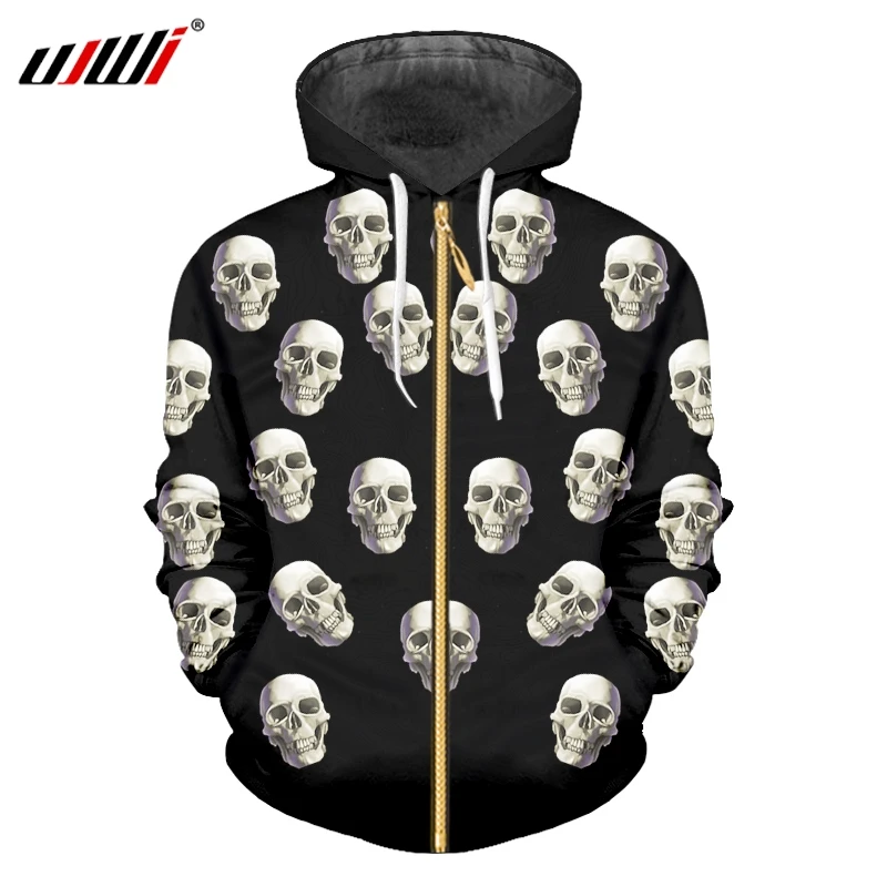 UJWI Man Zip Hoodies Hot Long Sleeve Funny 3D Print A Group Of Skulls