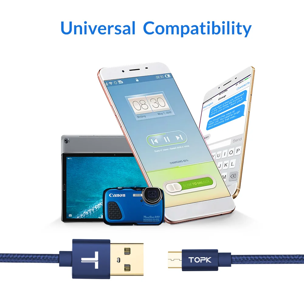 TOPK Micro USB кабель с нейлоновой оплеткой, провод с металлической вилкой, кабель для синхронизации данных и зарядки, кабель для зарядки Microusb для samsung, Xiaomi, huawei, htc