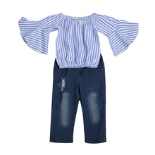 2PCS Children Outfit Clothes Kids Baby Girl Off Shoulder Cotton Ruffled Sleeve Tops Striped T-shirt Blue Denim Jeans Sunsuit Set