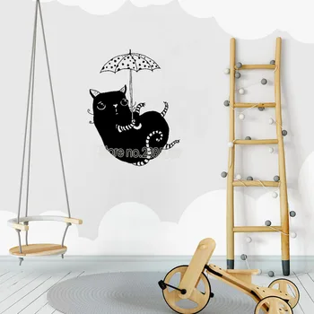 

New Arrivals Cat With Umbrella Wall Sticker For Kids Room Vinyl Cute Mural Home Decor Removable Baby Nursery Wallpaper Hot LC192