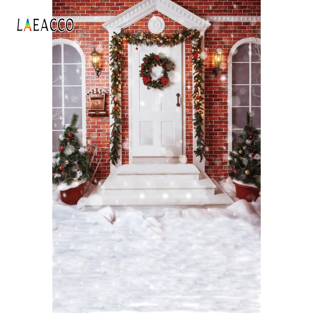 

Laeacco Christmas Tree Snow House Door Party Deco Photographic Backgrounds Customized Photography Backdrops For Photo Studio