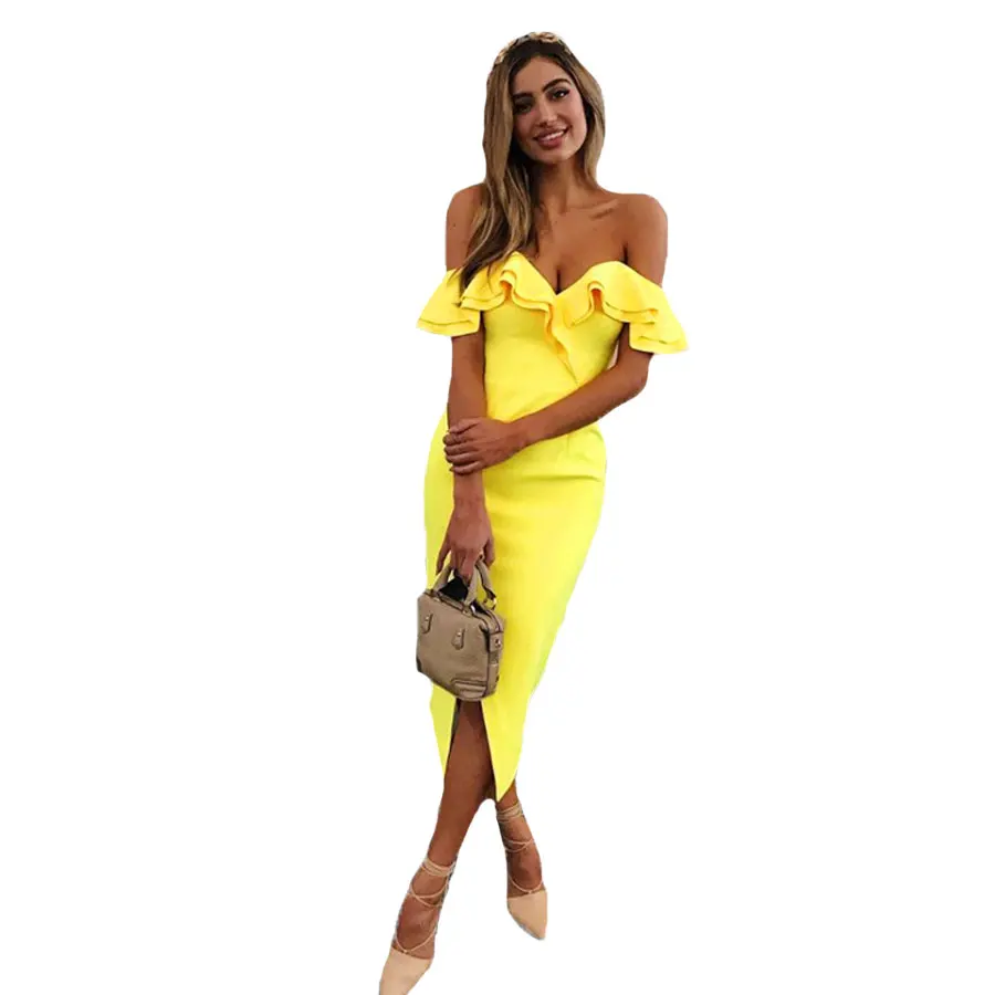 

Fashion Sexy Off Shoulder Sheath 2019 New Ruffles Summer Midi Long Dress Party Women Casual Vestidos Split Bodycon Elegant Dress