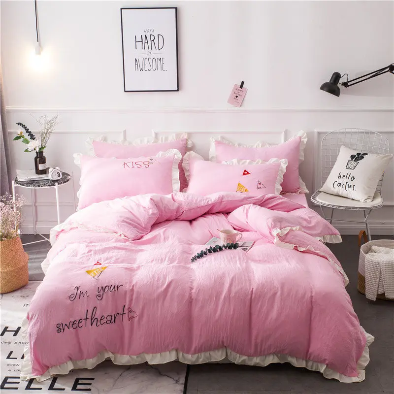 

Bedding set Hot Sale queen size Washed Cotton Pink Princess Lace Pure Korean embroidery King Girl XHS0020
