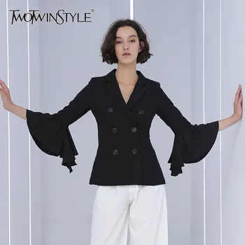 

TWOTWINSTYLE Flare Sleeve Women's Blazer Ruffles Patchwork Double Breasted Female Jacket Fashion 2020 Autumn Casual Clothes OL
