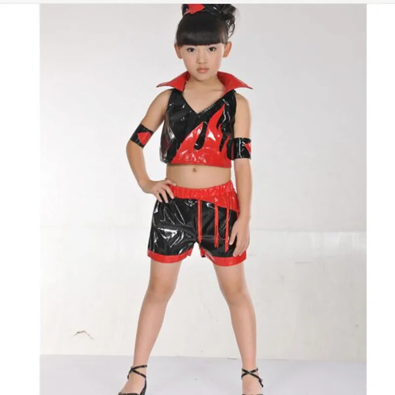 

Summer Fashion Style Children Glossy Belly Vest +shorts Children Performance Wear Flame Modelling Boy Girl Hip-hop Dance Costume