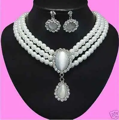 

Miss charm Jew.385 White Opal Pendant 3 Rows White Freshwater Pearl Necklace Earring jewelry set (A0516)
