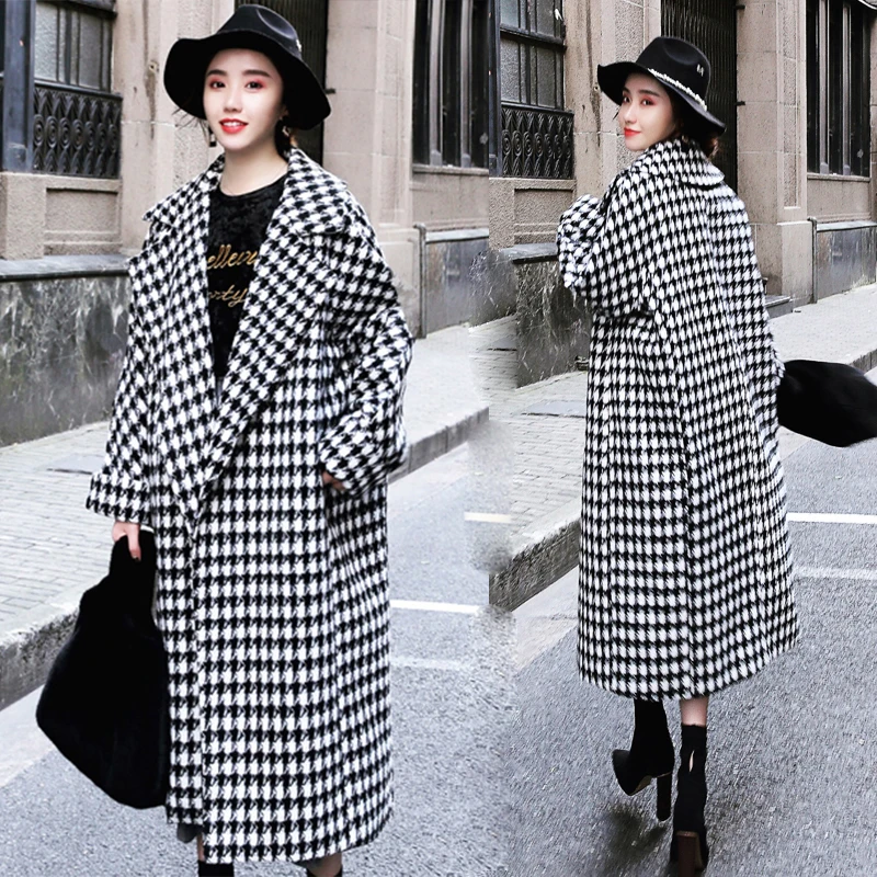 

Winter Women Long Plaid Woolen Coat Female Houndstooth Coat