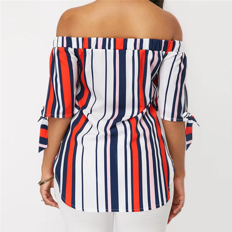 Fashion womens tops and blouses summer 2018 Casual Off Shoulder Bandage Stripe Printed Tops Blouses Shirts camicette Y30#N  (1)