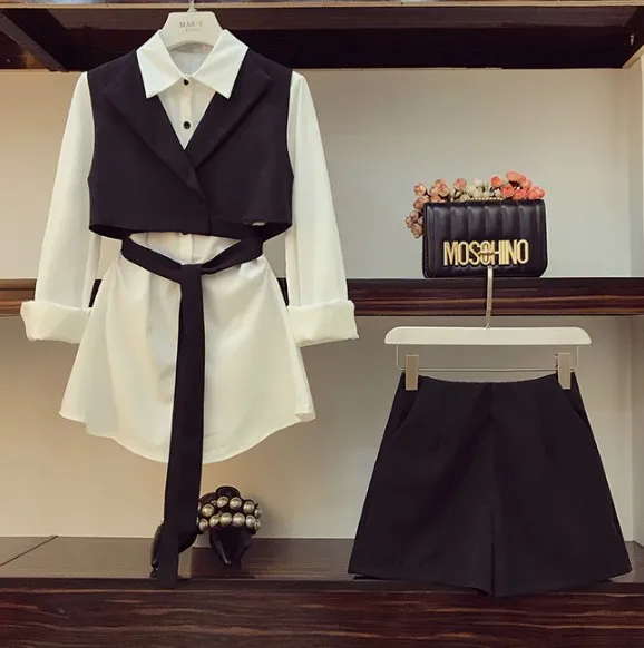 

2018 Spring Autumn Women's Long Sleeve Chiffon Shirt + Small Vest Coat + High Waist Shorts Three Piece Ladies Shorts Set