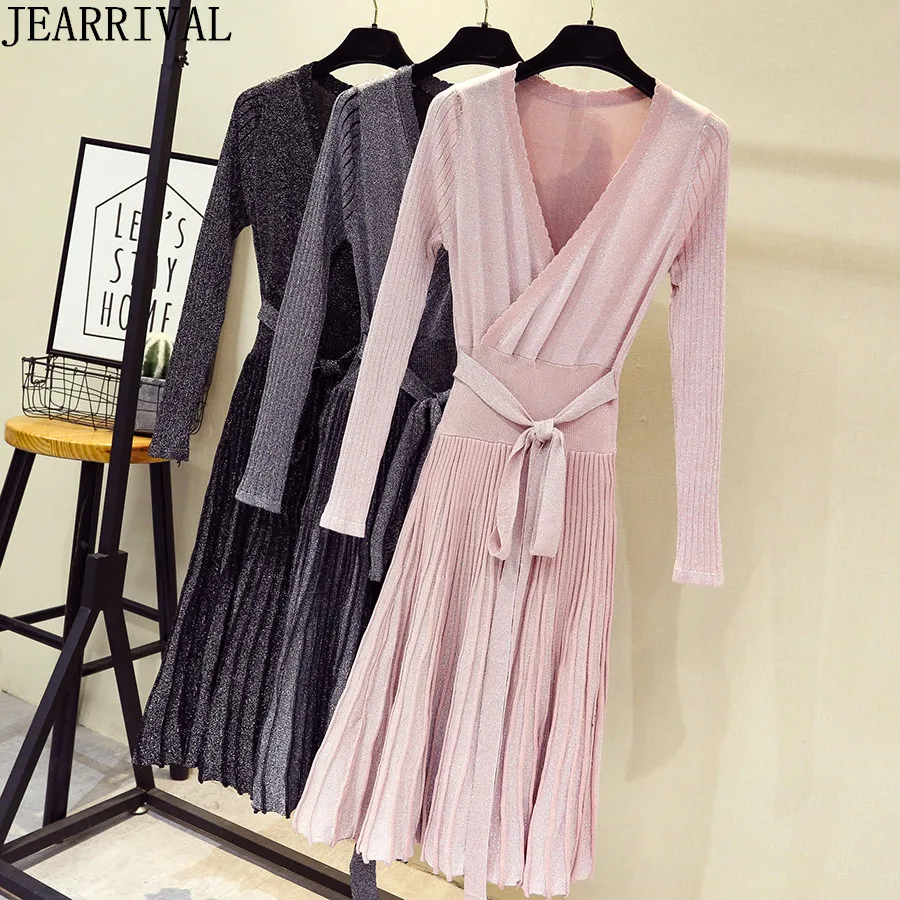 Goede 2018 Winter Vrouwen Geplooide Trui Jurk Fashion Lange Mouwen V hals Lace Up Lurex Elegante Gebreide Jurk Werk Office Vestidos
