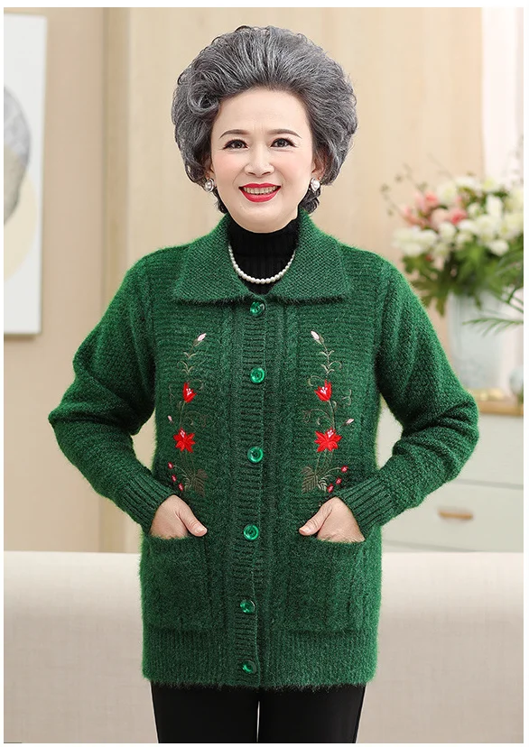 Женский вязаный кардиган, свитер с вышитым принтом, толстый теплый свитер с отложным воротником, женский свитер R850 - Цвет: Зеленый