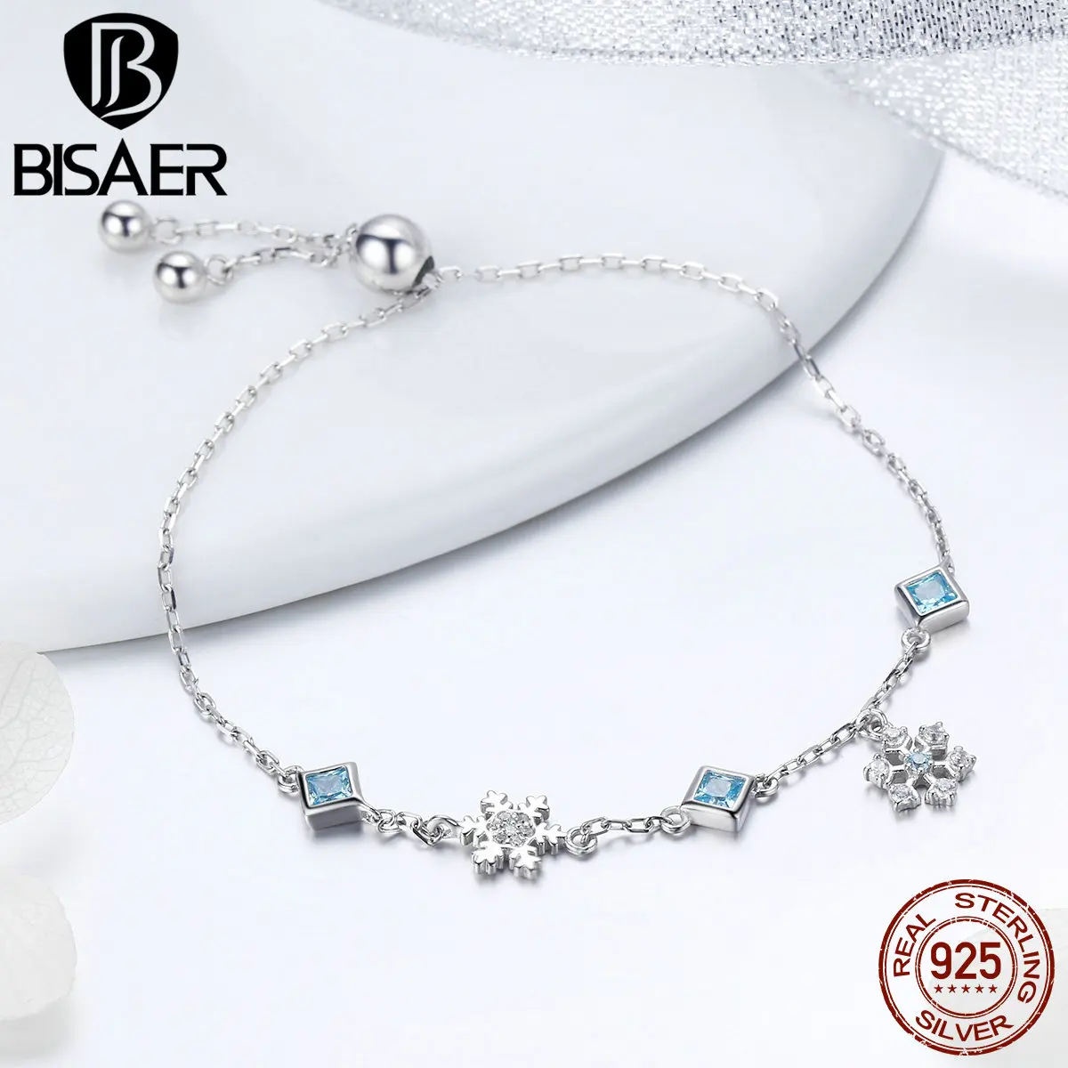BISAER подлинный 925 пробы Серебряный Зимний Снежинка синий CZ звено цепи женские браслеты Стерлинговое серебро ювелирные изделия Pulseira EFB001