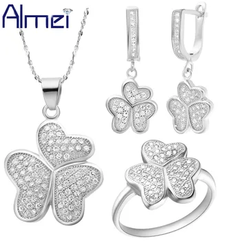 

Almei Bridal CZ Zircon Jewelry Sets Charms Silver Fashion Crystal Parure Bijoux Femme Necklace Ring Earring Set Jewellery T103