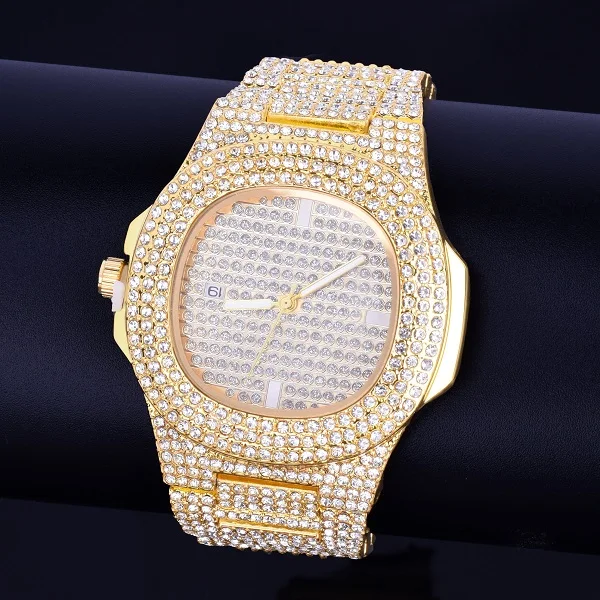 Hip hop Men's watch Big Dial Military Quartz Clock Luxury Rhinestone Business Waterproof wrist watches Relogio Masculino 24cm - Цвет: Gold