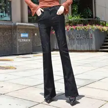 Повседневное джинсы flare Штаны для женщин большие размеры черный синий хлопок смесь Новая мода для похудения Тощий Полная длина mdk0804