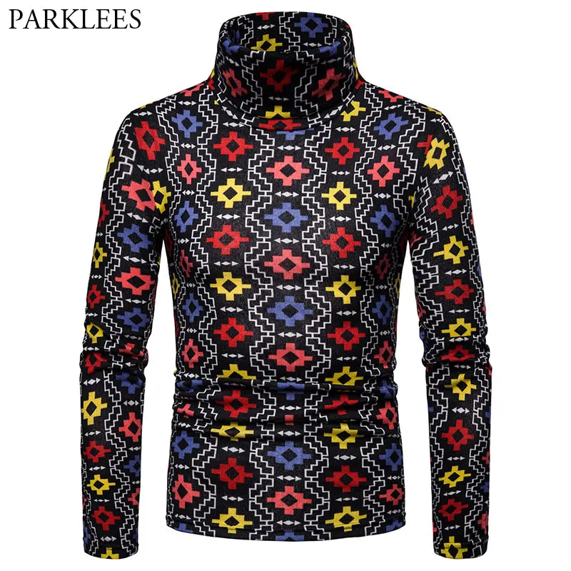 Hipster Turtleneck Plaid T Shirt Men Casual Slim Fit Geometric Tetris Print Mens Multicolor T 