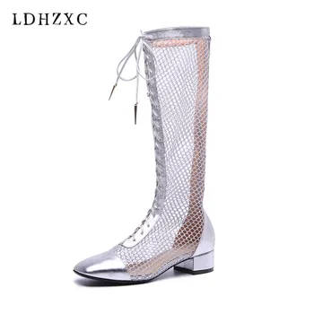 

LDHZXC summer boots women 2019 fashion high heel open toe knee high boots sexy zipper sandals woman square heel footwear