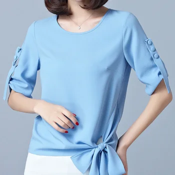 

Korean OL Fashion Lady Blue Shirts Plus Size S-2XL Half Sleeve Bow Decor Lap Wear 2017 Women Casual Flax Blouses
