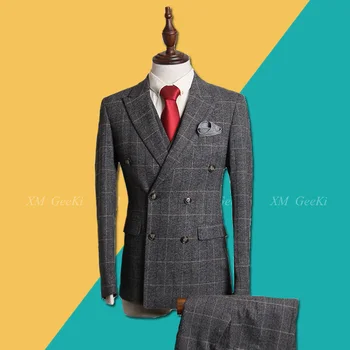 

Men Double-breasted Suit Men's 3 Piece Business Professional Suits Male Grey Plaid Suit Jacket For Groom Wedding Dress Vest Pant