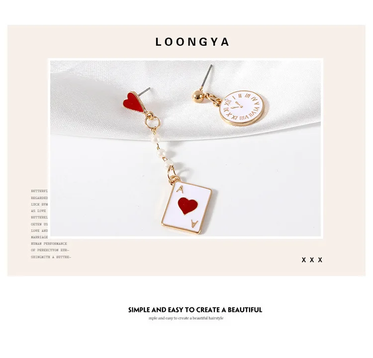 

2019 New Korean Version of Girl Alice Fantasy Clock Poker Cute Earrings Asymmetric Wholesale Bohemian Earrings