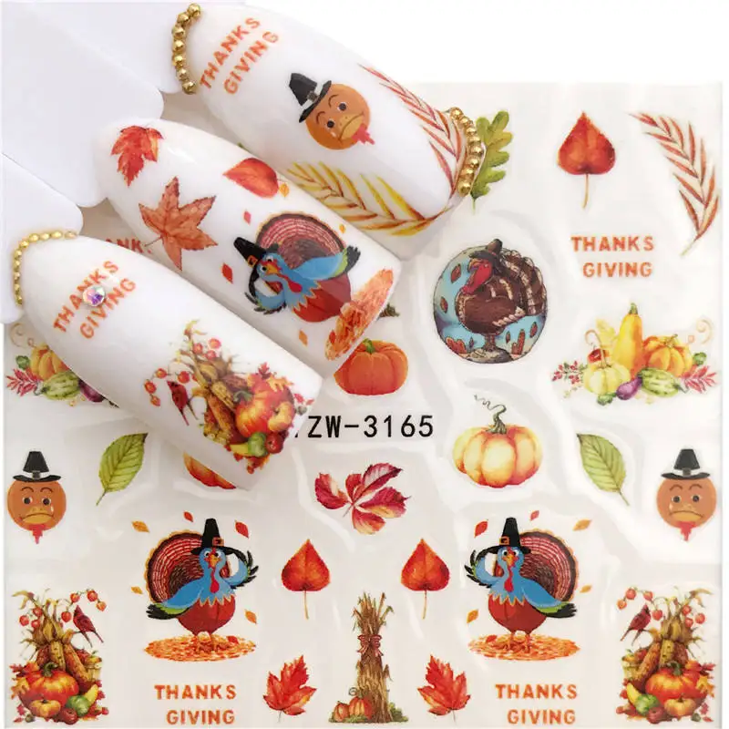 

ZKO 1 PC Colorful Fall Season Tree / Pumpkin Water Transfer Nail Art Sticker Beauty Red Maple Leaf Decal Nails Art Decorations