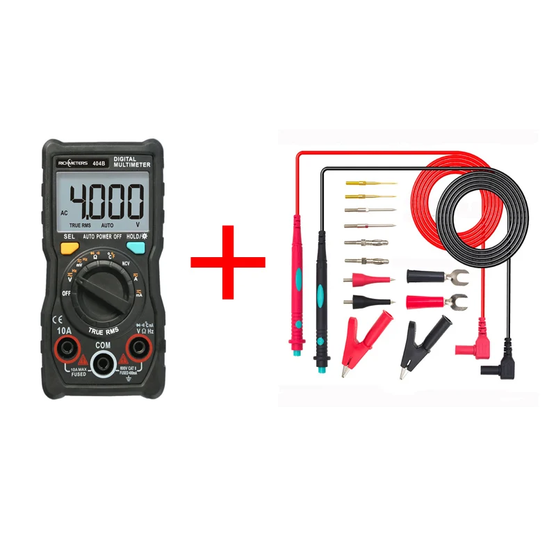 Цифровой мультиметр рихметров 404B с автоматическим диапазоном температуры и истинным среднеквадратичным значением, интеллектуальный NCV 4000 отсчетов, напряжение переменного/постоянного тока, 10 А ток - Цвет: 404B WITH 14PCS SET