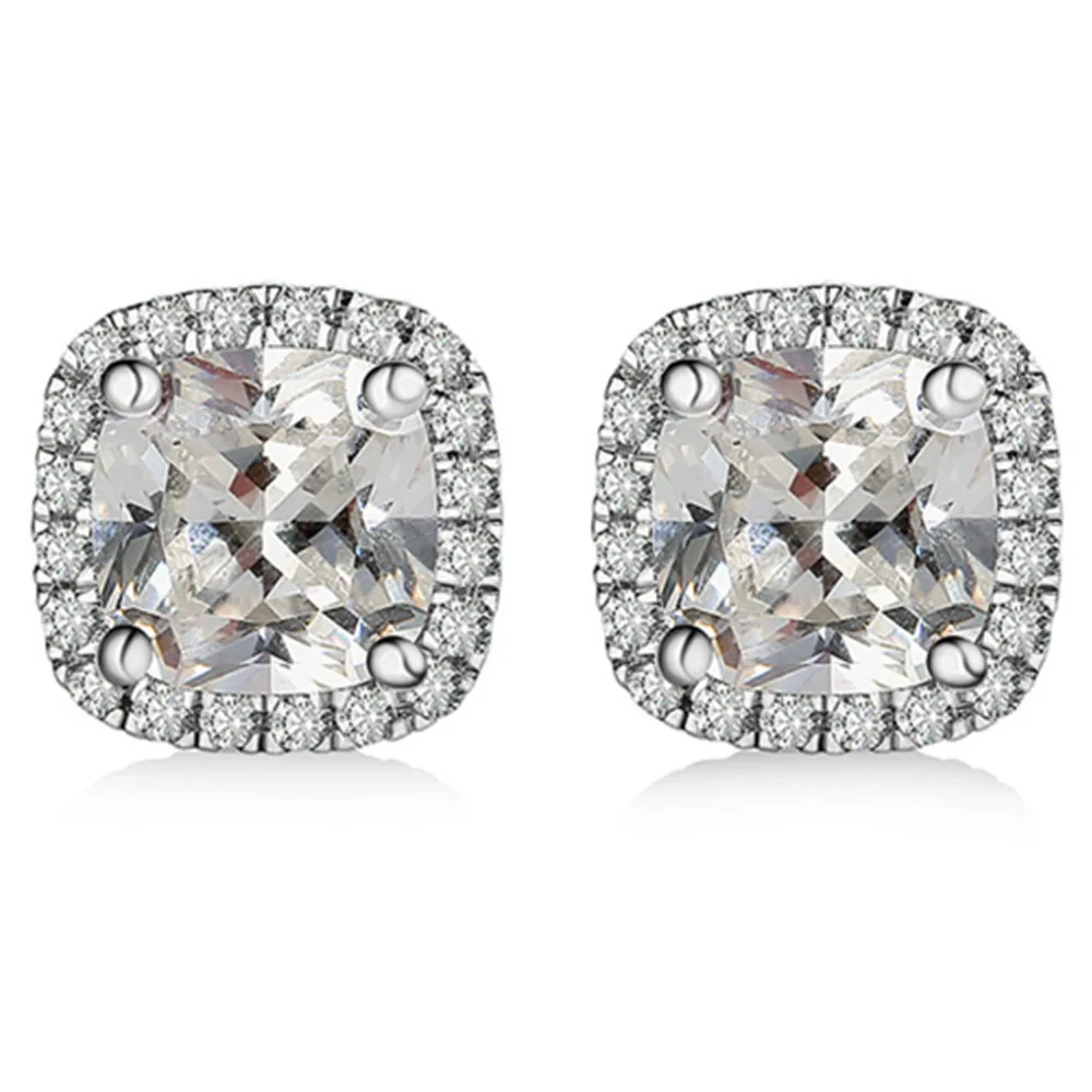 Brand Quality 3Carat /Piece Solid White Gold 18KT Cushion Earrings Synthetic Diamonds Earrings