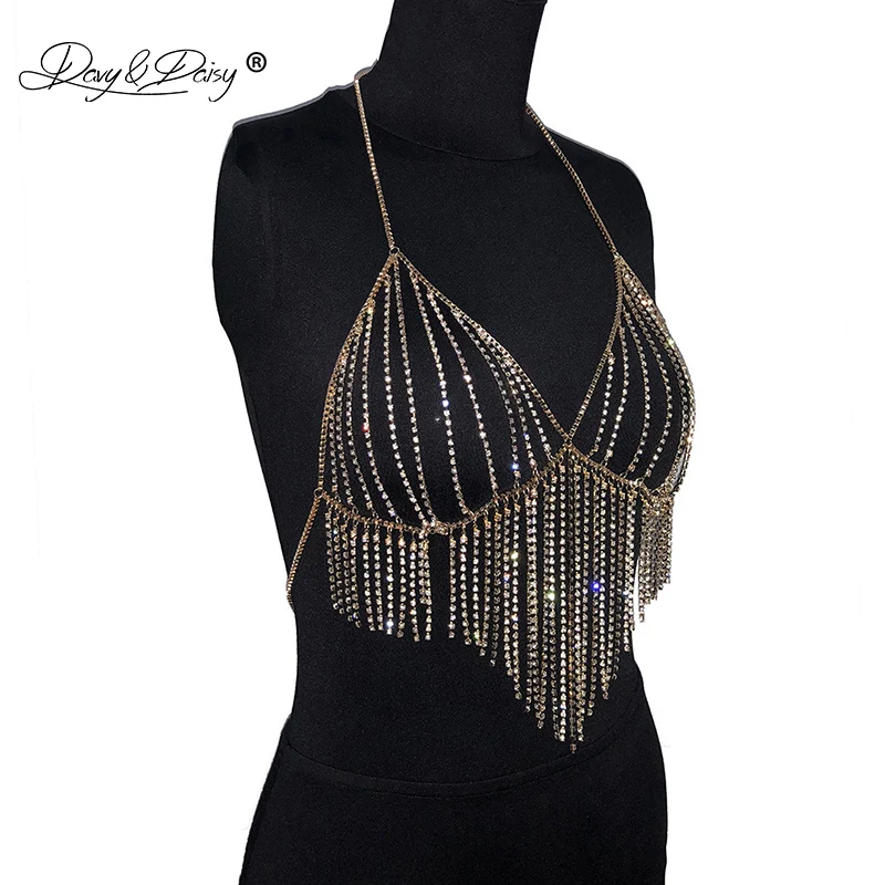 DAVYDAISY Women Sexy Bra Chain Rhinestone Crystal Bling Tassel Bralette Crop Tops Intimates Sexy Lingerie Erotic Bras BR034