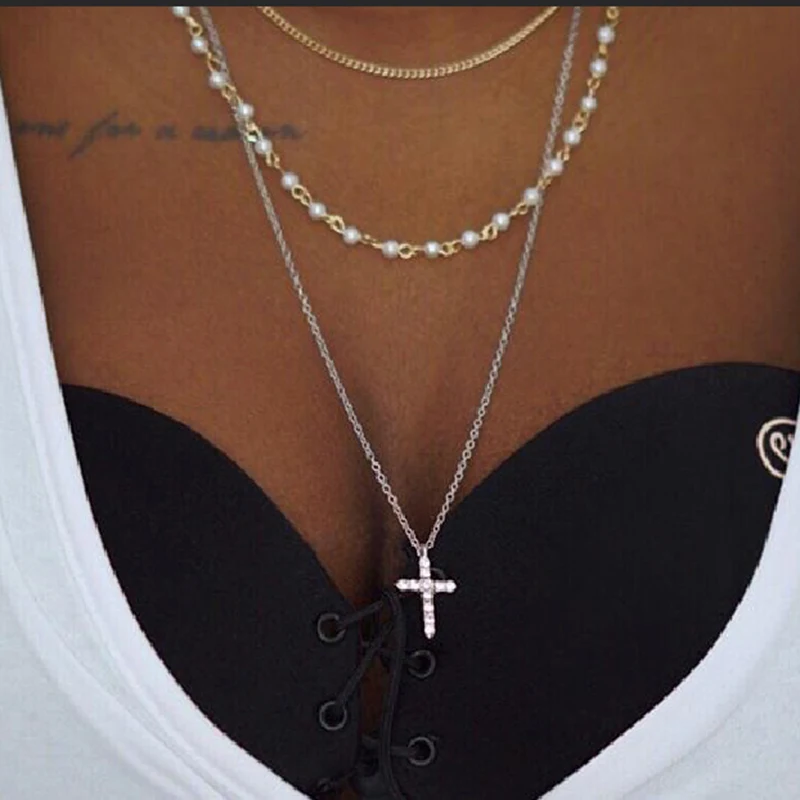 

Lalynnlys New Hot Vintage Simulated Pearl Chain Necklace For Women Cross Pendant Necklaces Bohemian Statement Jewelry N69281