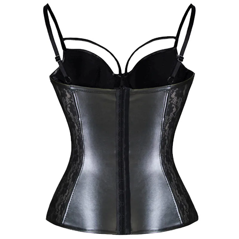 Gothic Womens Sheer Lace Vinyl Leather Overbust Corset Bustier Plus Size Black Spaghetti Strap Slim Waist Cincher Bodyshaper 3XL